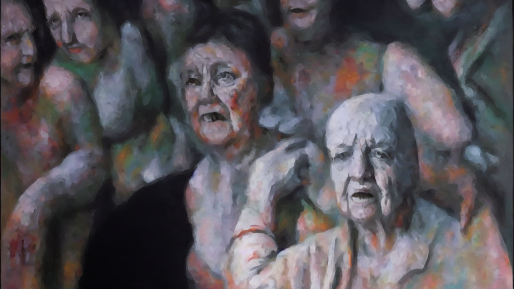 Expressionist painting of distressed figures with exaggerated facial expressions