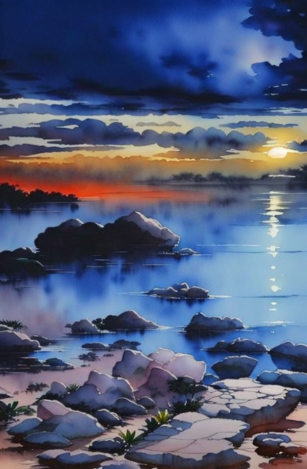 Sunset watercolor painting: serene scene with vibrant colors, calm water, rocks, and clouds.