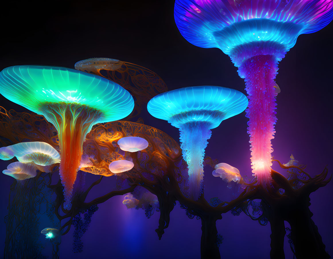 Colorful digital art: Luminescent jellyfish creatures on tree-like structures in mystical blue and purple