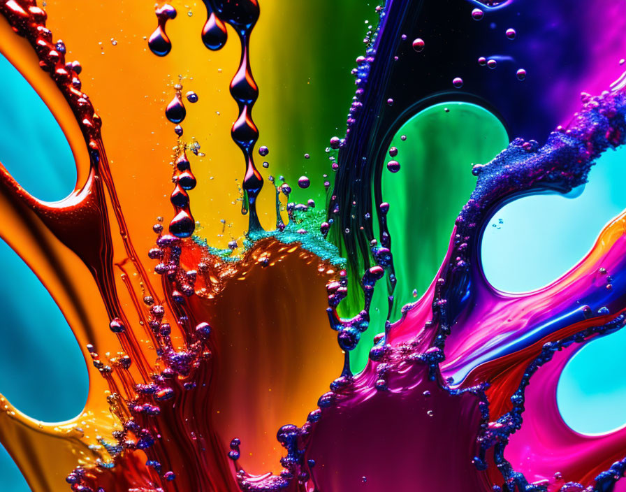 Colorful liquid bubbles and droplets on vibrant background