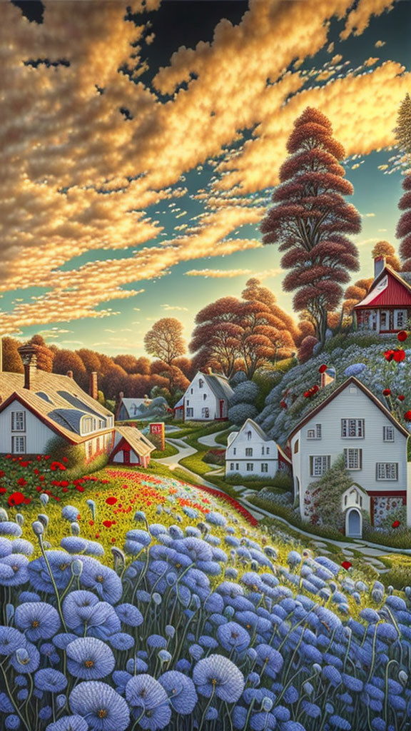 Scenic village with quaint houses in vibrant field