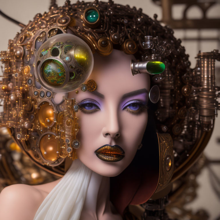 Surreal portrait of woman with steampunk-style headgear