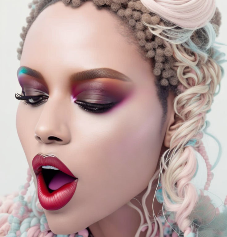 Woman with Dramatic Makeup and Braided Hair in Soft Pastel Tones