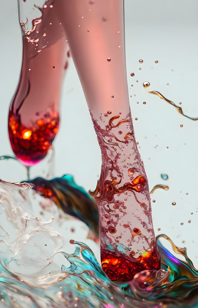 Wine glasses tipping with splashing liquid on light background