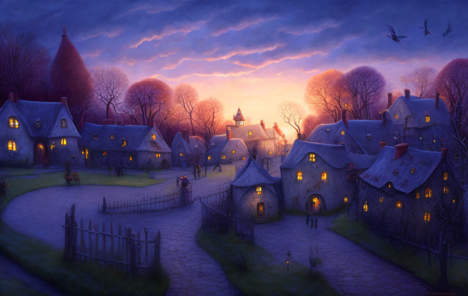 Tranquil village at dusk: Thatched-roof cottages, glowing windows, winding path,