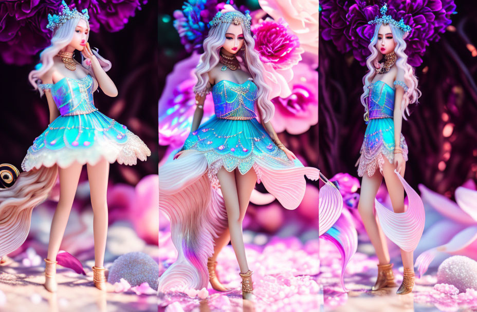 Fantastical animated mermaid doll in three poses with pastel-colored hair and pearl outfit against floral