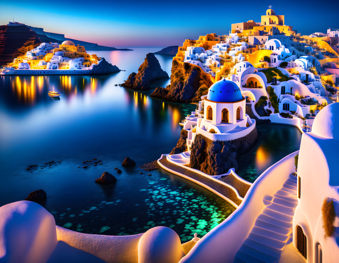 Santorini Panoramic View at Twilight with White Buildings and Blue Domes