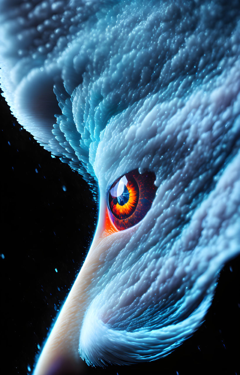 Vibrant bird art with fiery orange eye and blue feathers