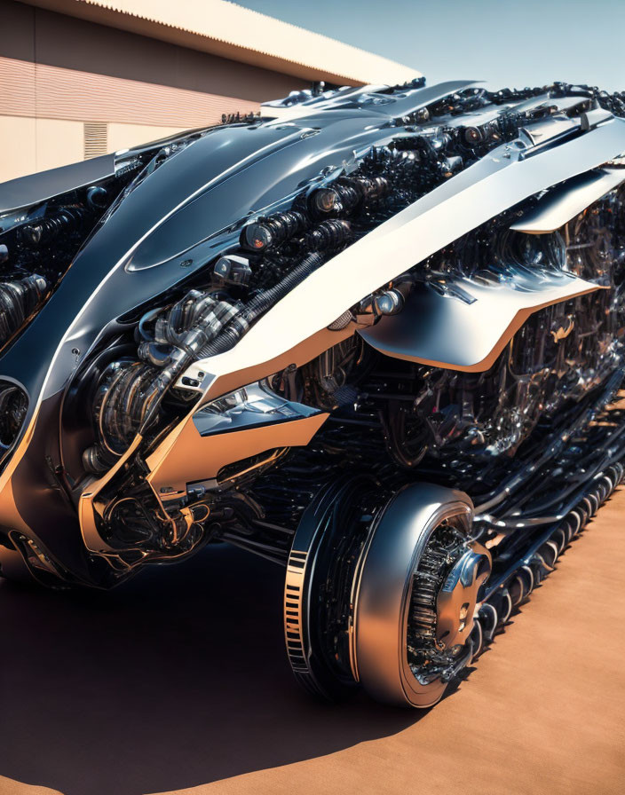 Futuristic vehicle with black wheels and copper accents on architectural backdrop
