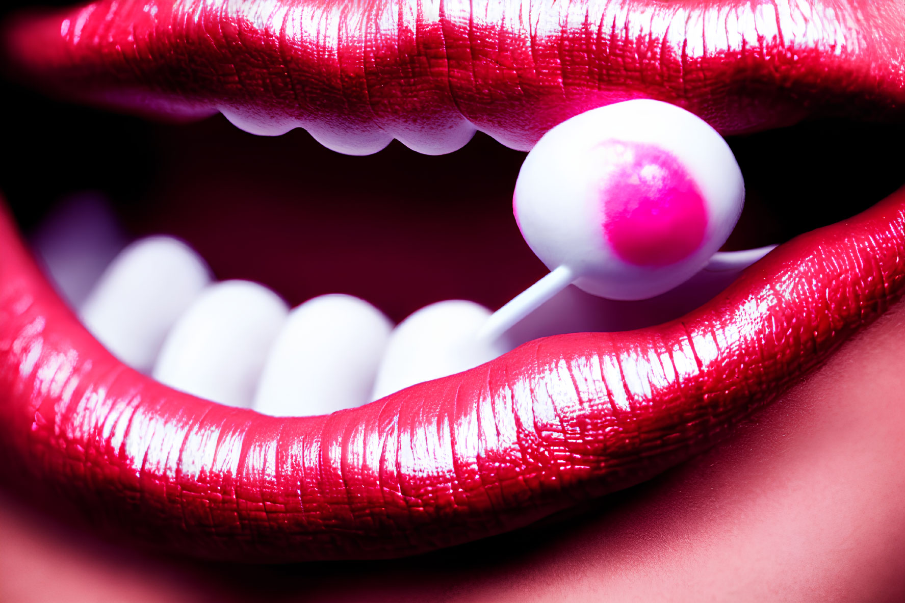 Detailed shot of red lips with white lollipop, showcasing texture of lipstick.