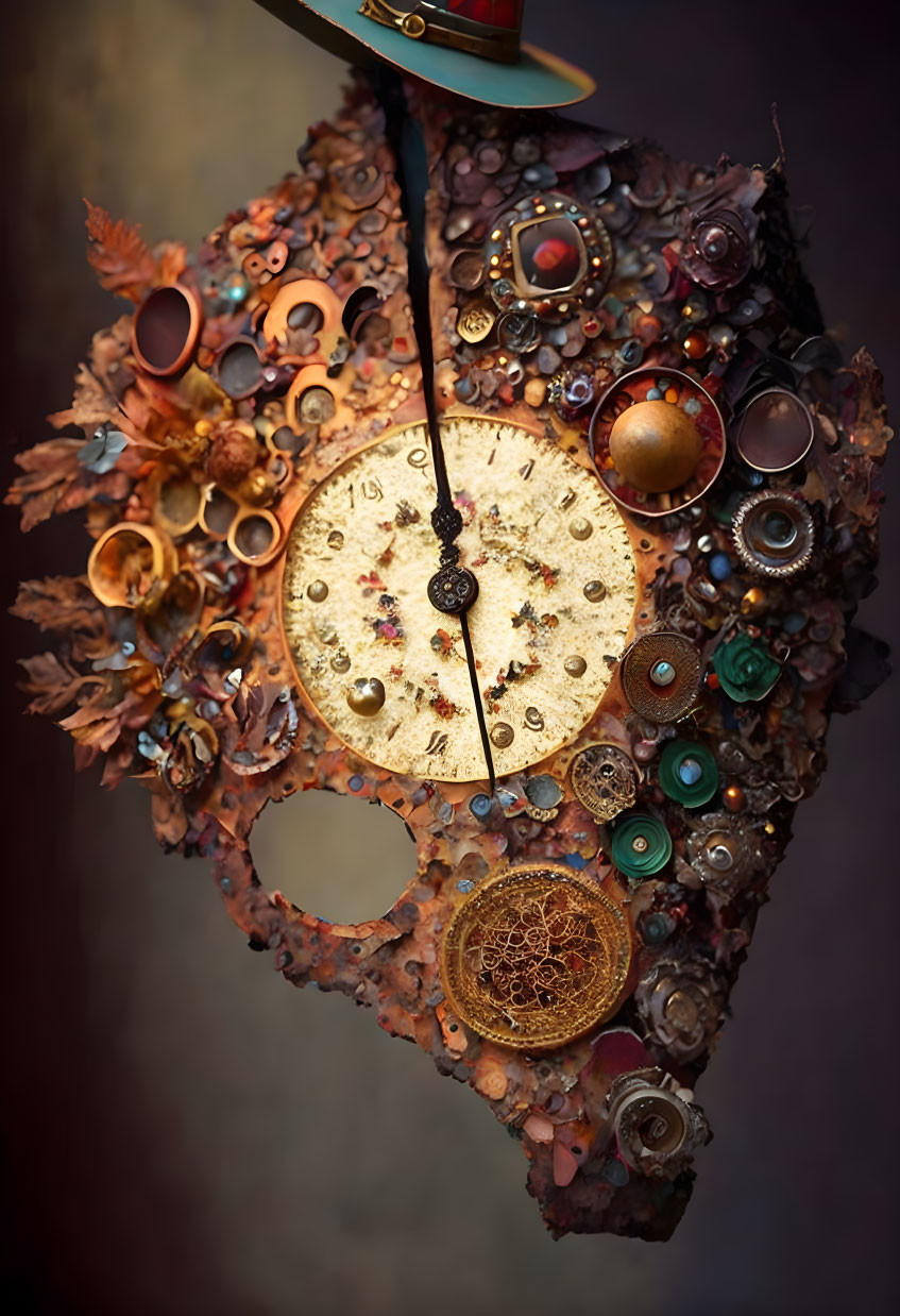 Steampunk-themed clock face with gears and metal embellishments