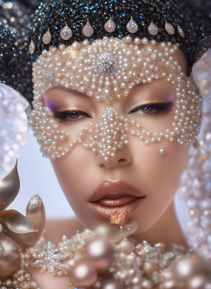 Ethereal woman with pearl mask and golden ornaments