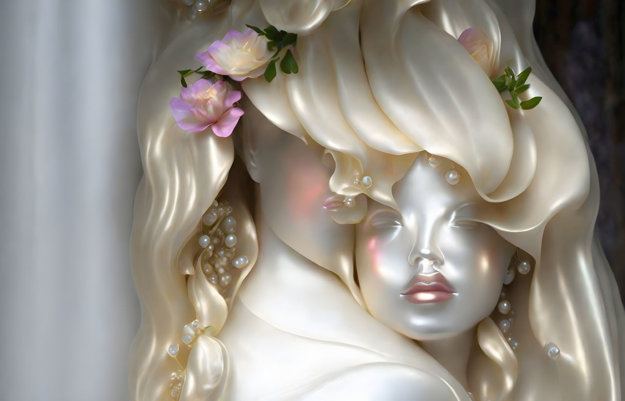 Ethereal sculpture of faces with flowing hair, flowers, and pearls