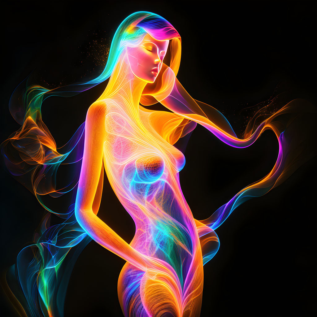 Neon digital artwork: Female figure in swirling light lines