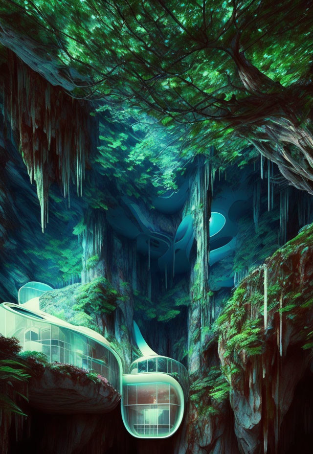 Futuristic building in lush green cliffs with stalactites under soft ethereal light