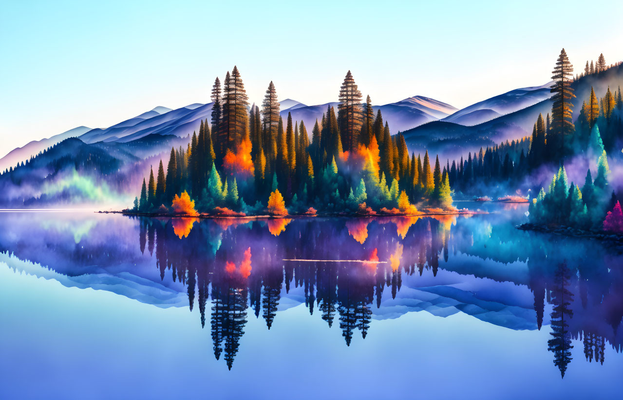 Autumn-colored trees and misty mountains reflected in tranquil lake at twilight