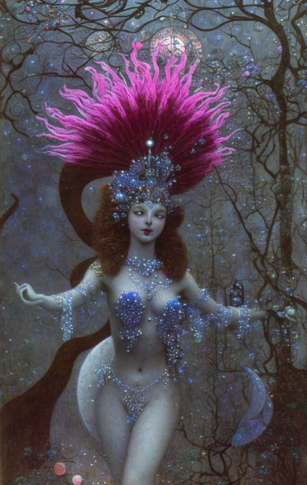 Colorful figure in pink headdress and blue attire in mystical forest