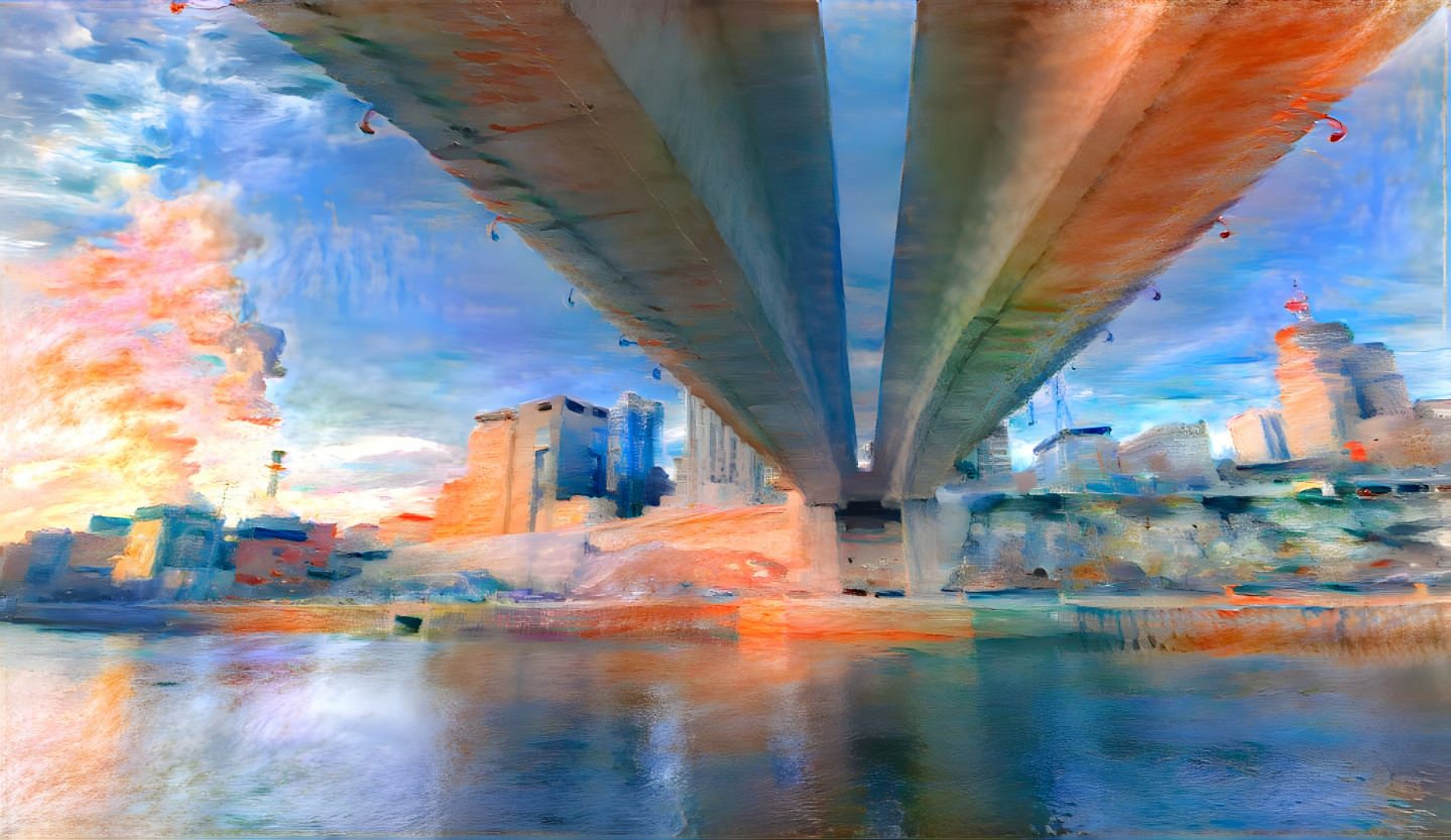 bridge over water, view from underneath, painting