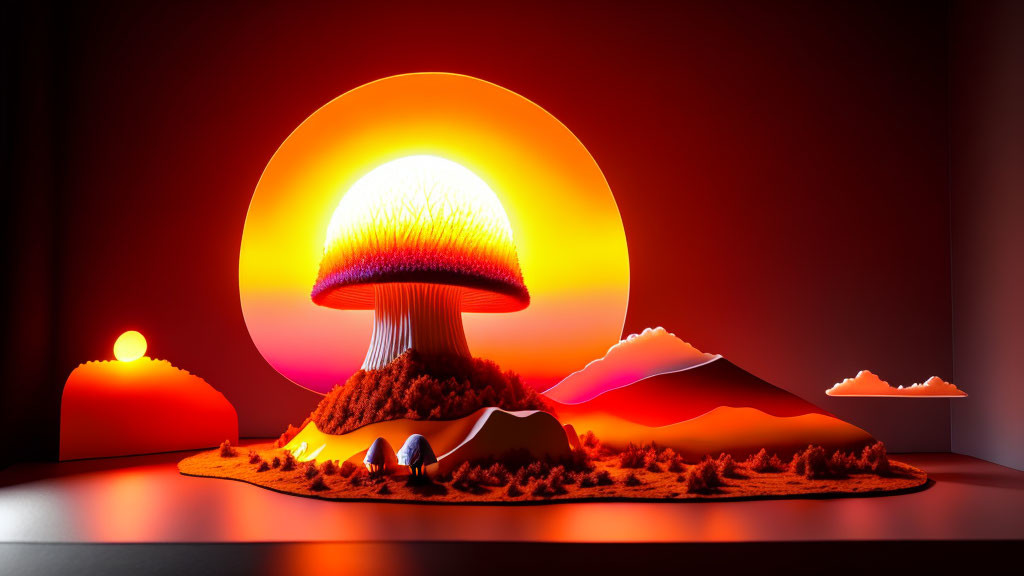 Illustration: Mushroom cloud over stylized mountains in nuclear explosion.