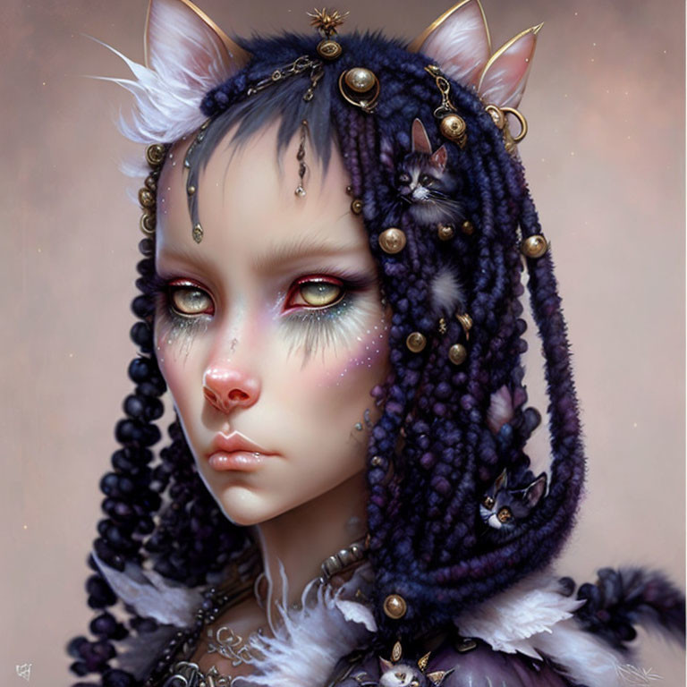 Fantasy portrait of female figure with cat-like features and purple braids.