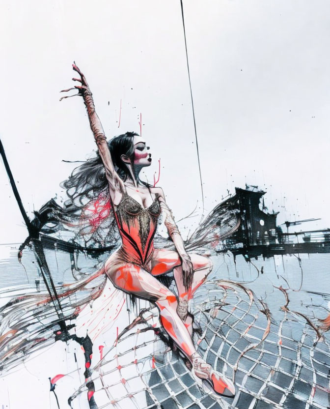 Female figure with dramatic makeup in dynamic pose against splattered ink on pale background with bridge