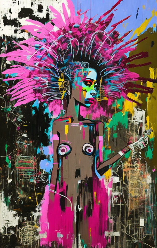 Vibrant expressionist painting of stylized female figure with pink and black headdress and guitar against