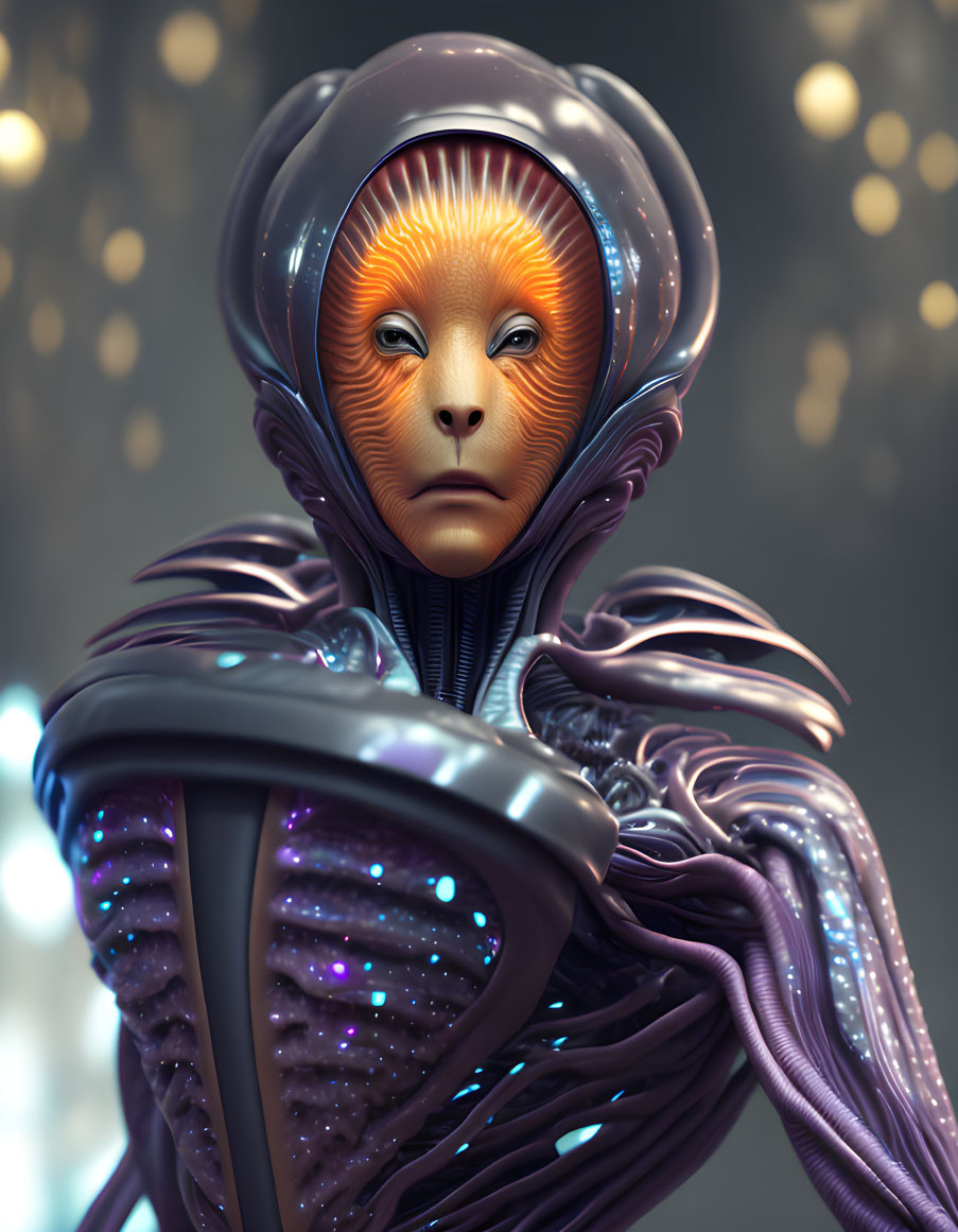 Detailed humanoid alien with orange textured face and purple futuristic suit