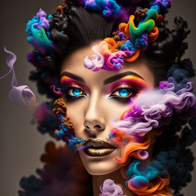 Colorful Smoke and Flowers Surrounding Woman's Face