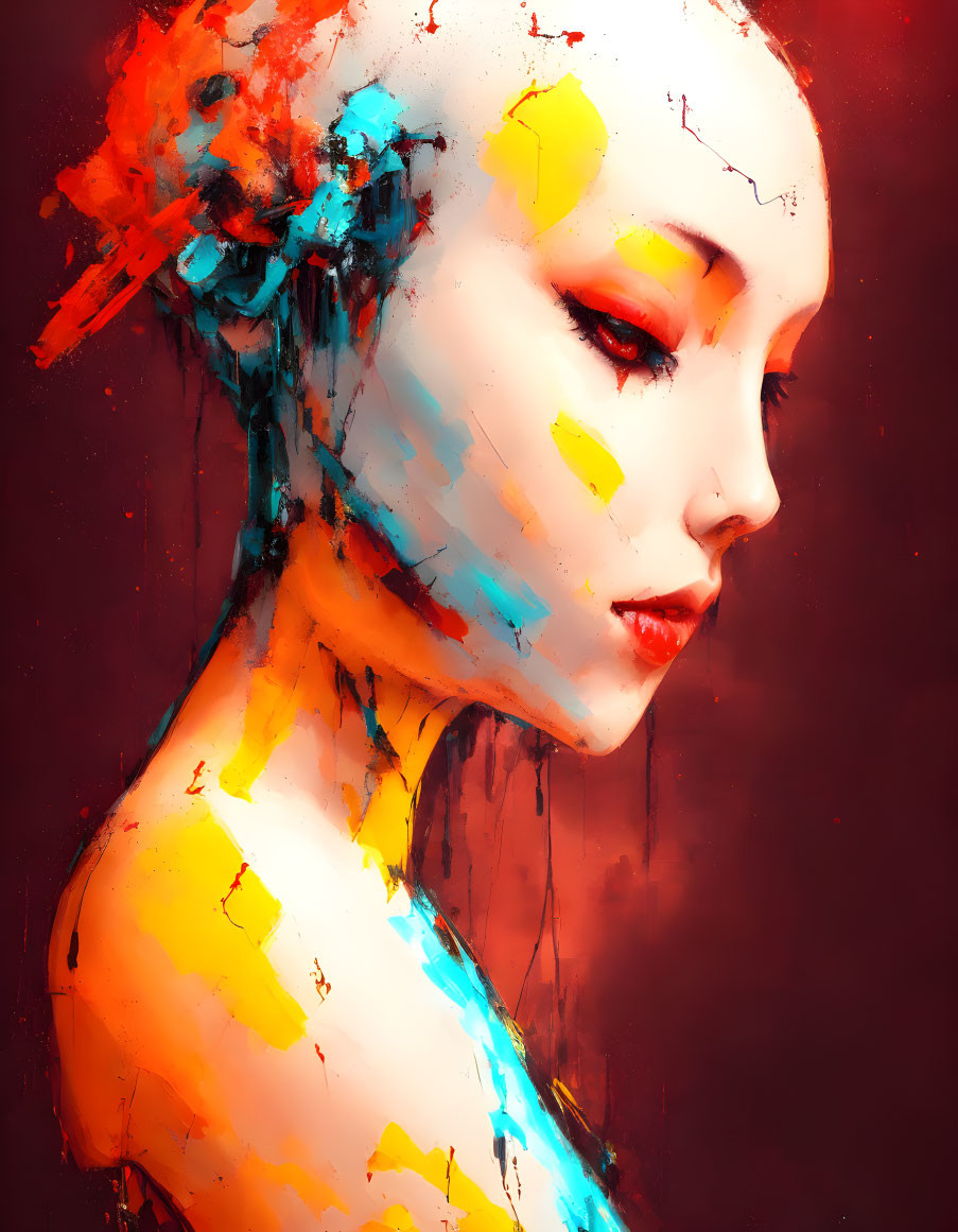 Vivid Red and Yellow Paint Strokes on Woman in Digital Portrait
