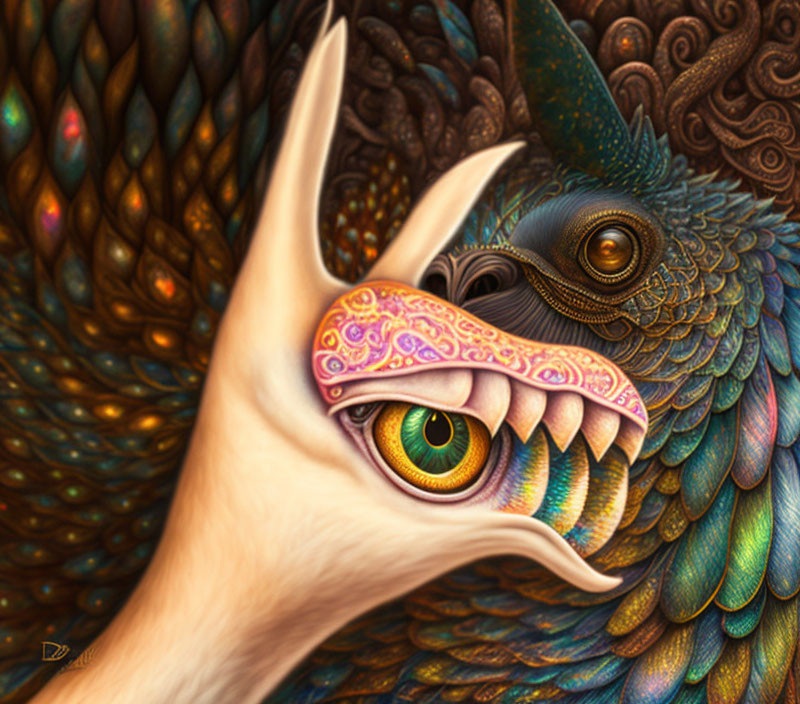 Colorful Fantastical Creature with Intricate Feathered Body and Expressive Eye