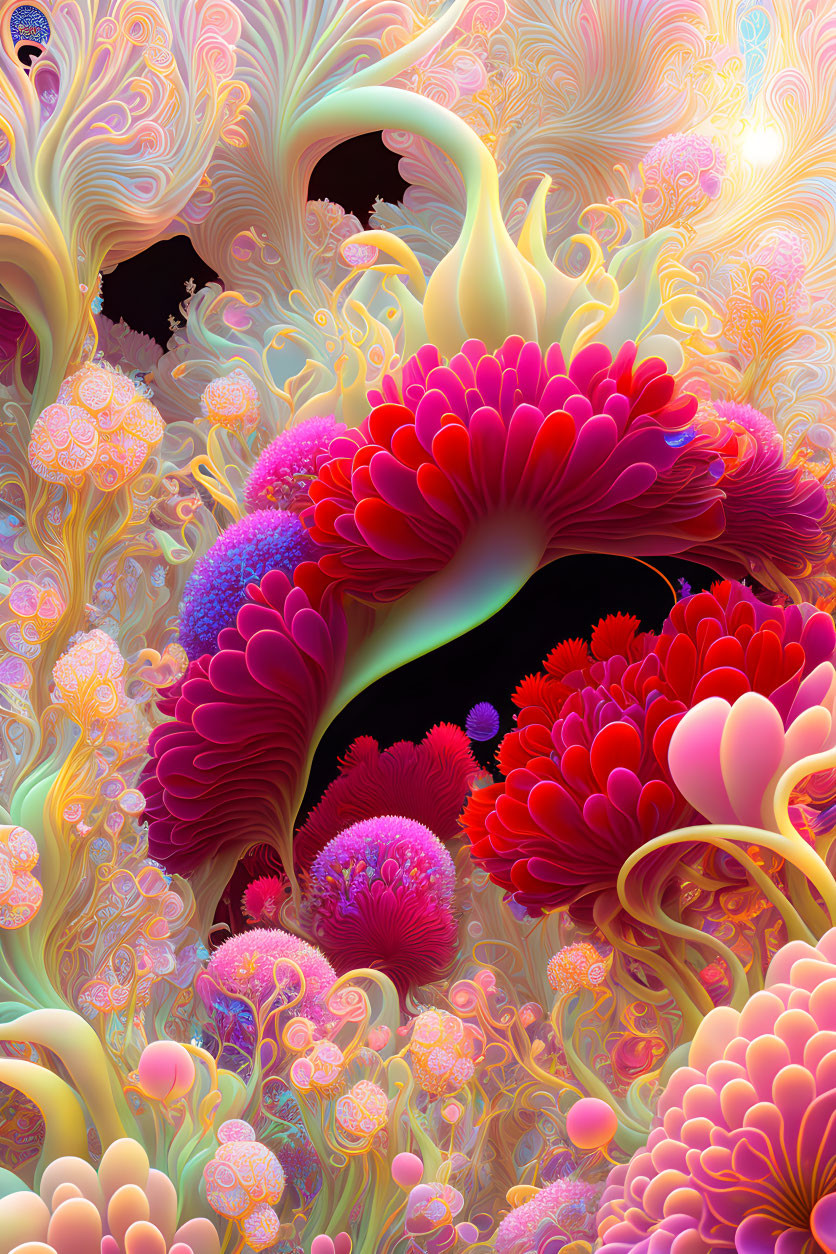 Colorful Psychedelic Artwork Featuring Organic Shapes in Pink, Orange, and Yellow