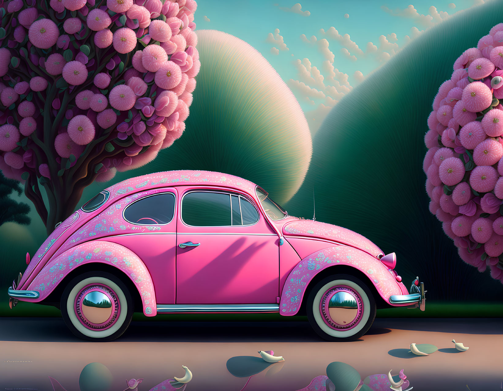 Colorful VW Beetle illustration with pink floral design and surreal blossoms under dreamy sky