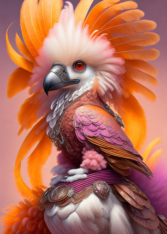 Colorful bird illustration with orange feathers and intricate jewelry