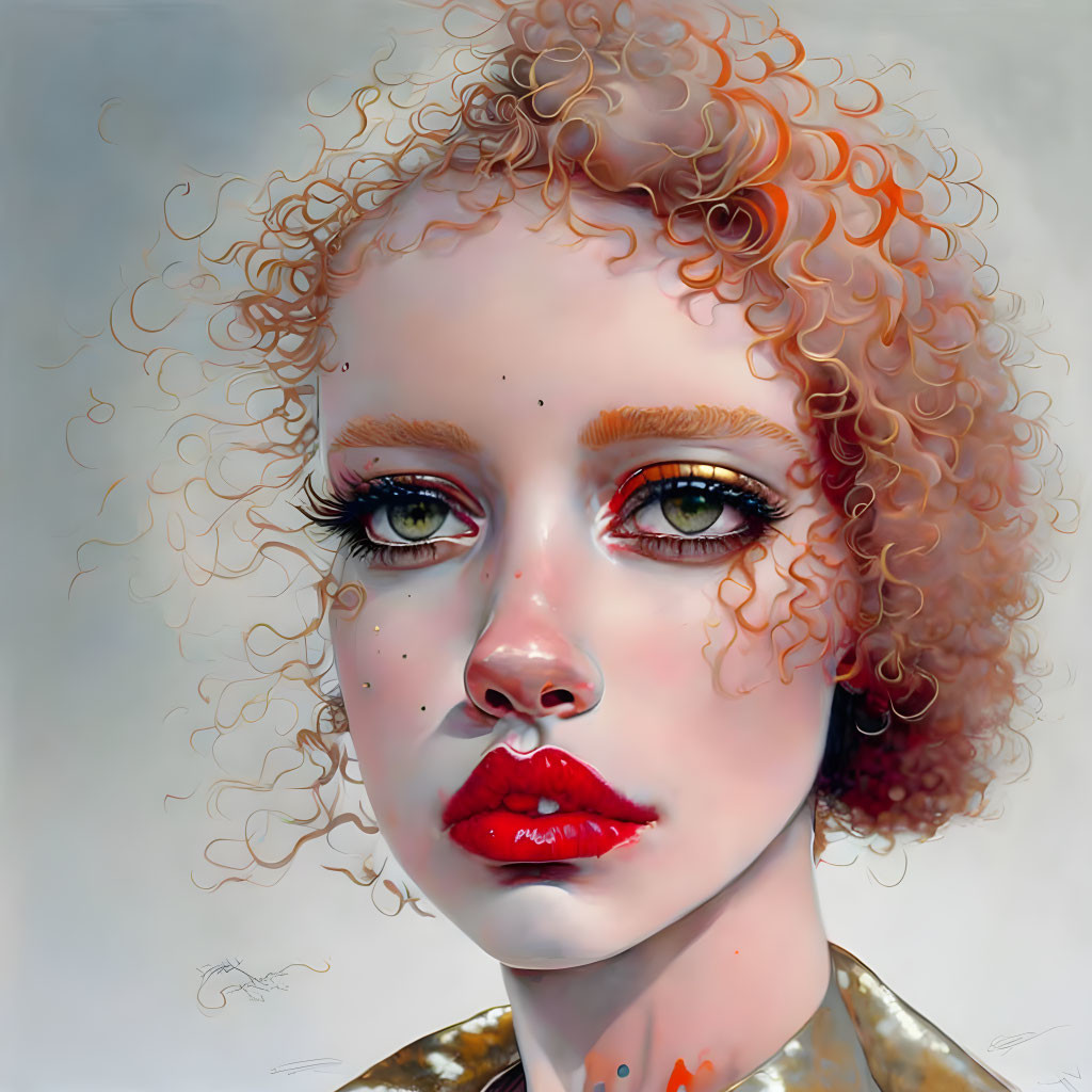 Hyperrealistic portrait of woman with auburn hair, green eyes, red lips, and fre