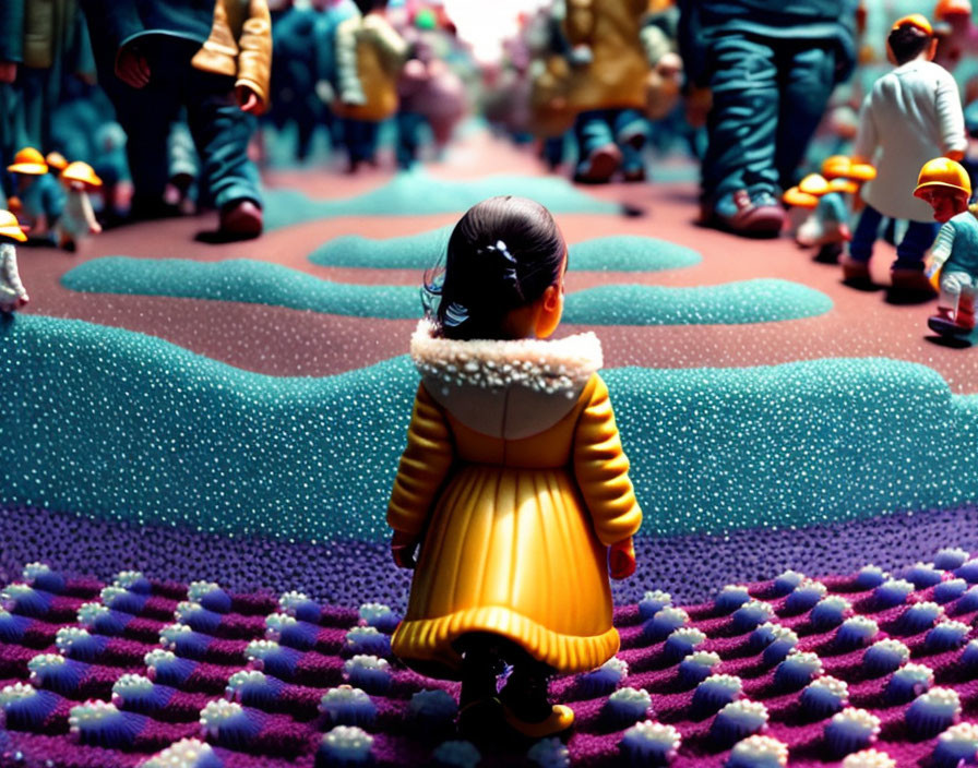 Young girl in yellow coat at colorful path with miniature figures