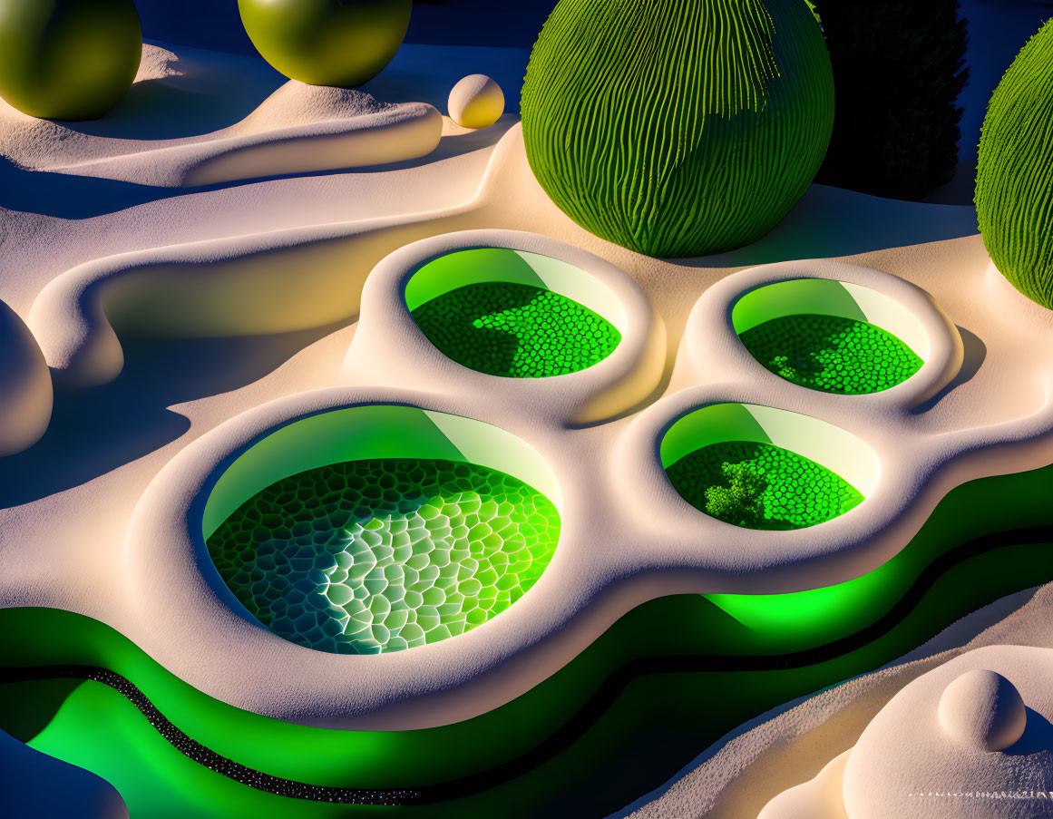 Surreal Landscape with Glossy Green Spheres and Hexagonal Patterns