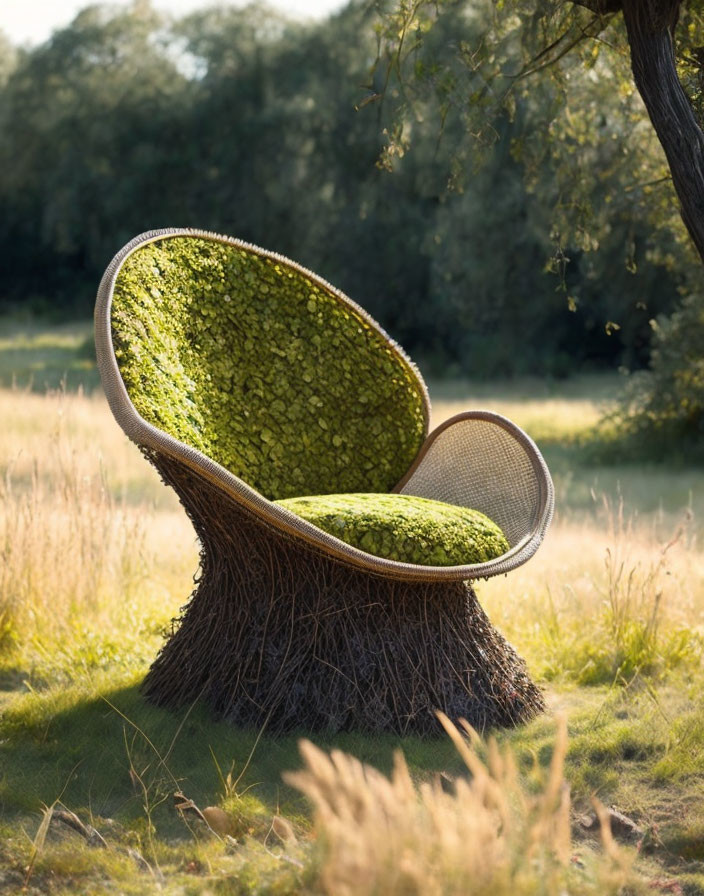 Natural Wood Base Outdoor Chair with Moss Upholstery in Sunny Meadow