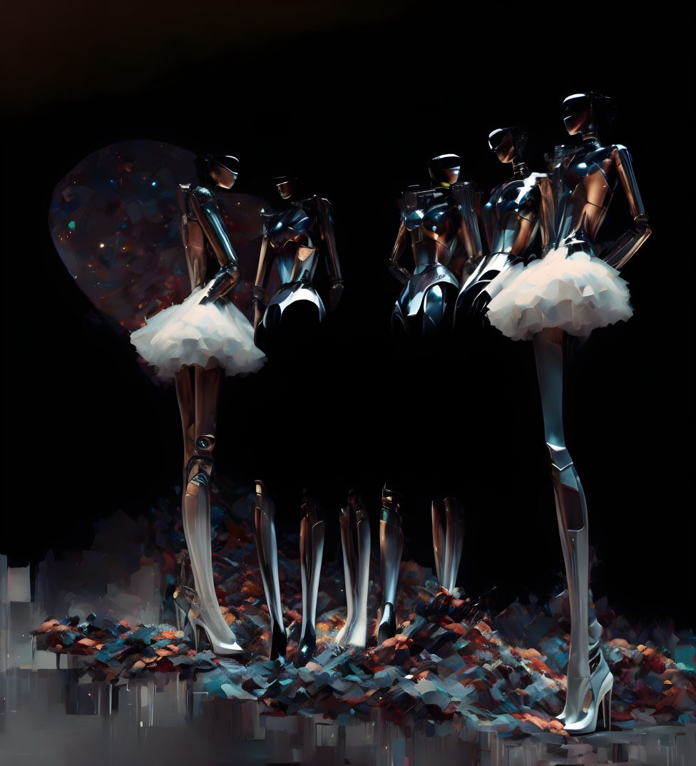 Reflective mannequin-like figures in ballet poses amid colorful debris.