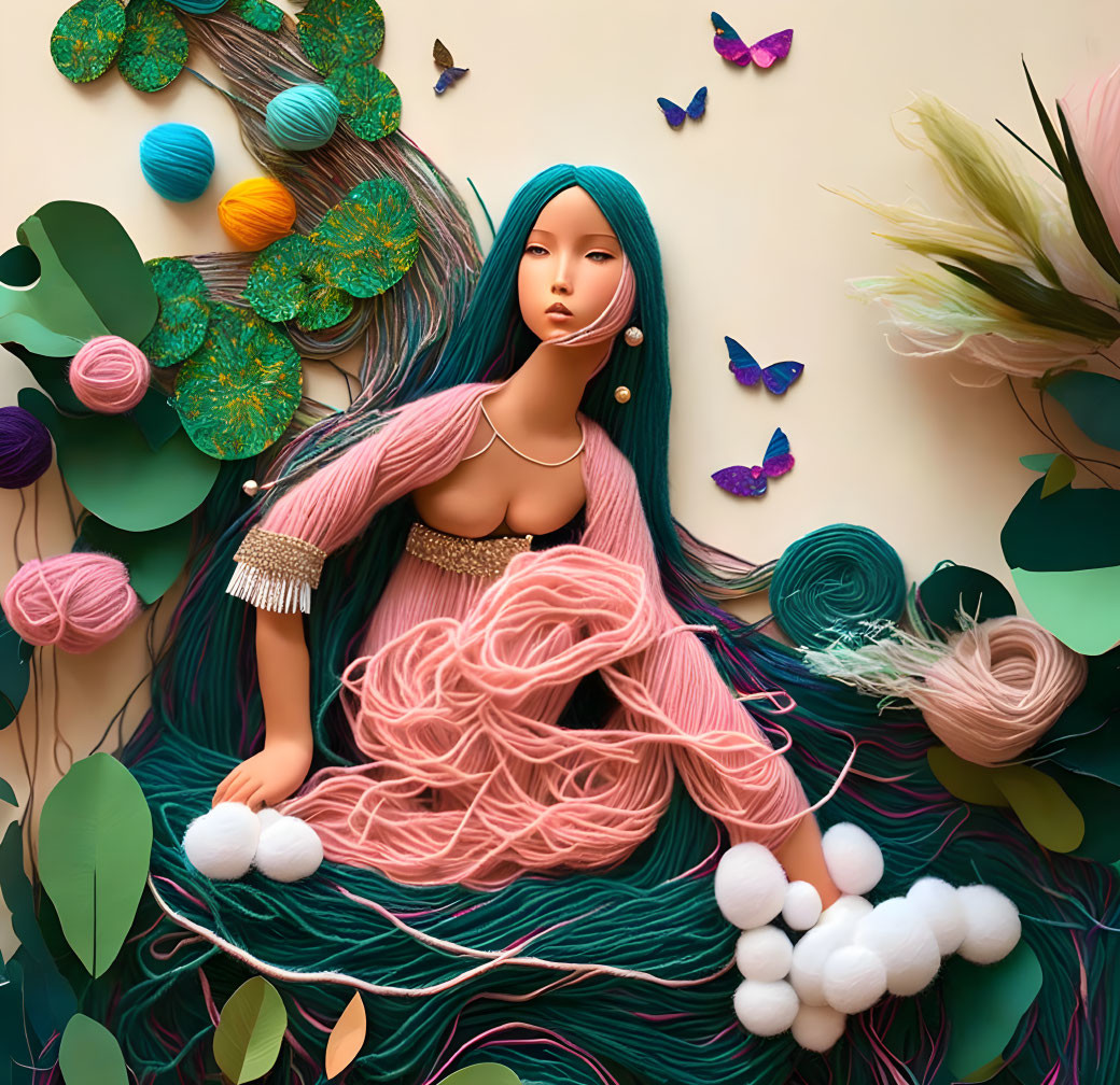 Vibrant artwork featuring woman with teal hair, yarn, paper foliage, butterflies, and flowers