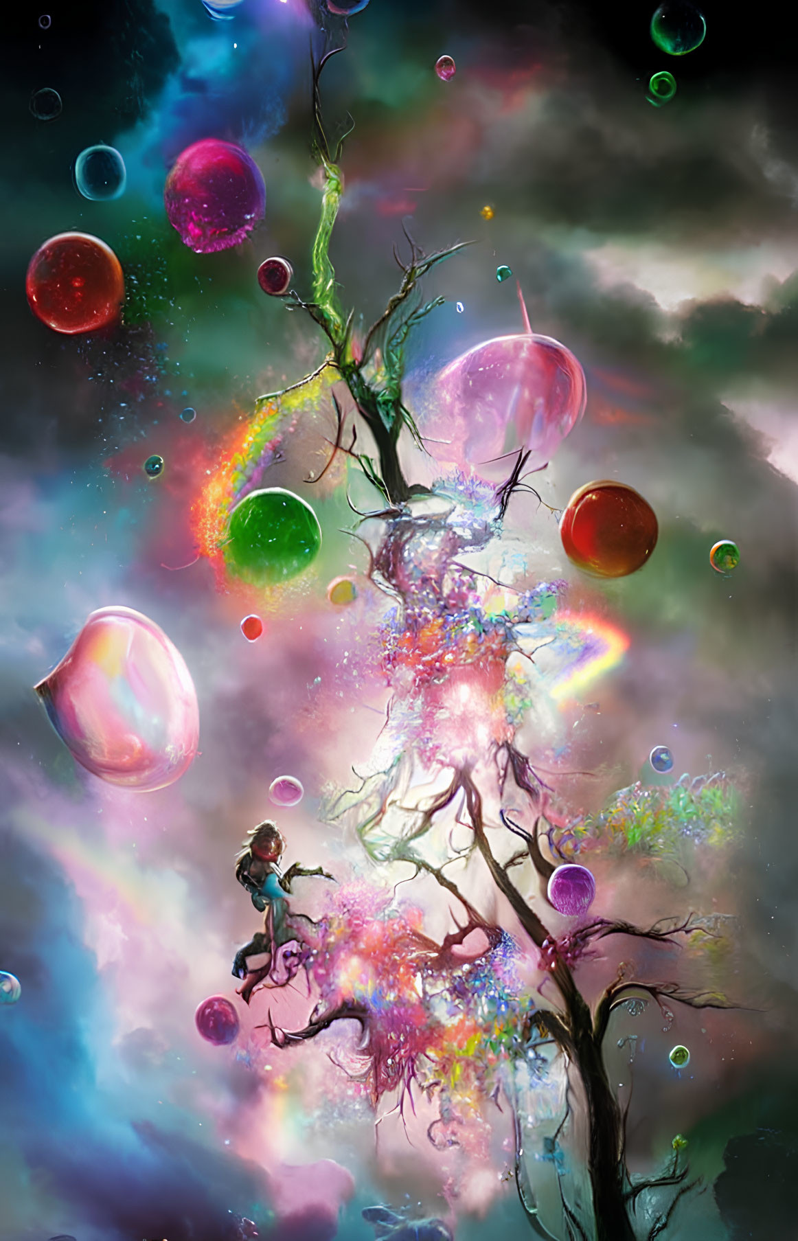 Fantastical glowing tree with vibrant leaves in starry cosmos