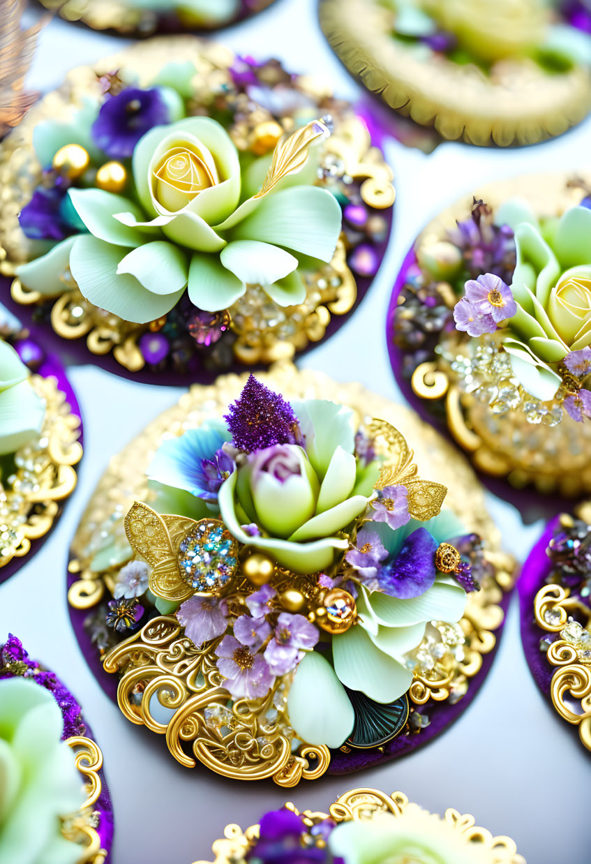 Handcrafted Flower Decorations with Jewel Embellishments on Golden Stands