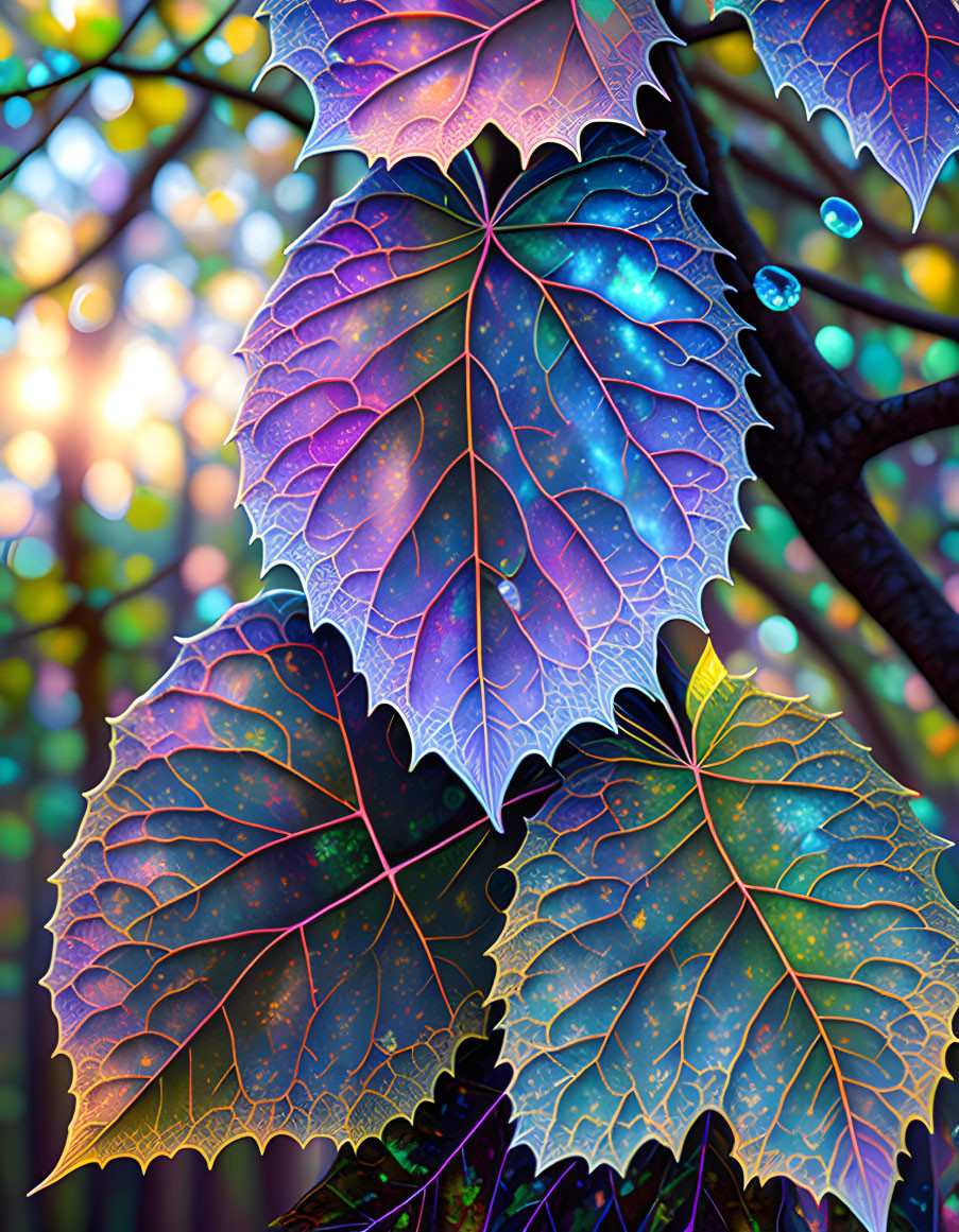 Iridescent cosmic pattern leaves with frost border on bokeh light backdrop