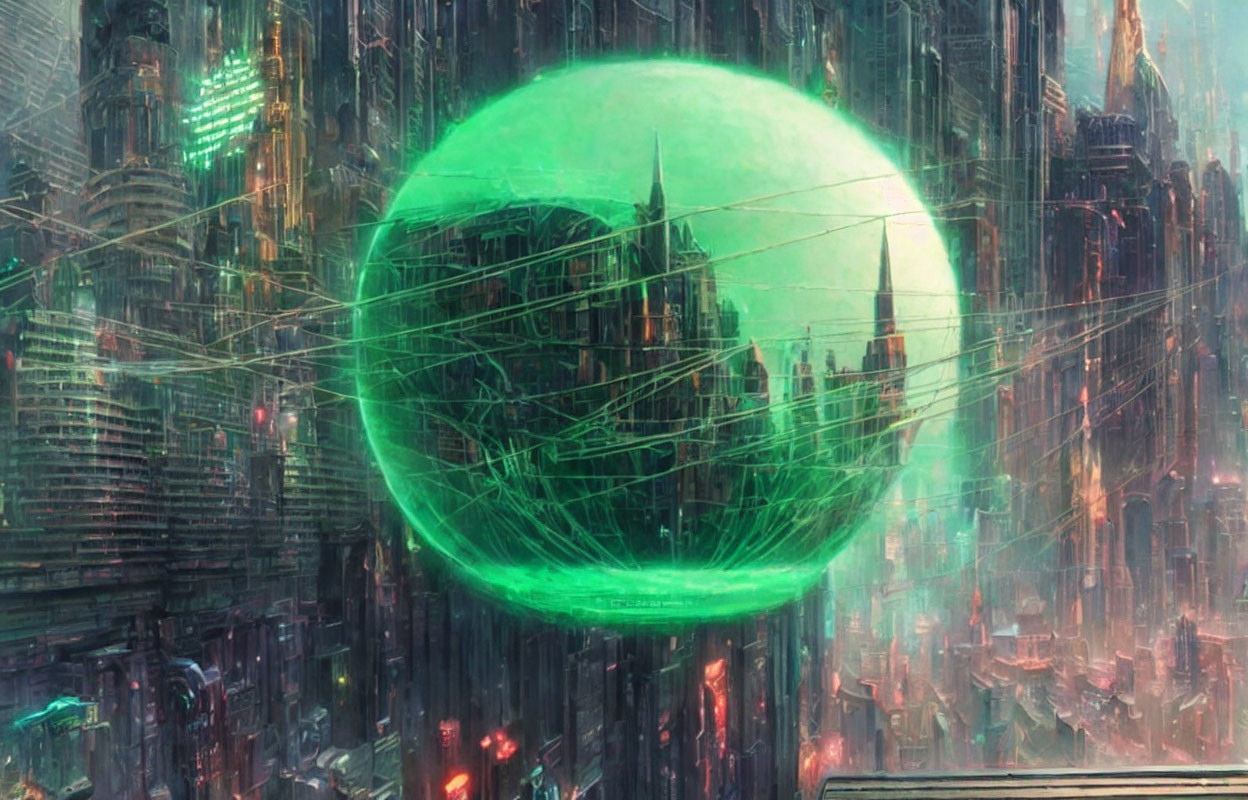 Futuristic cityscape with tall buildings and green energy sphere