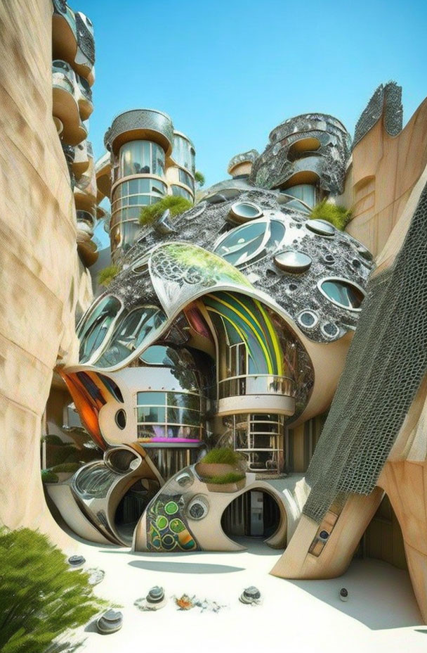 Abstract futuristic building with multicolored windows and metallic accents