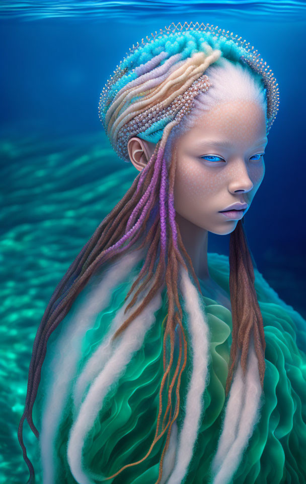 Blue-skinned female figure with dreadlocks underwater.