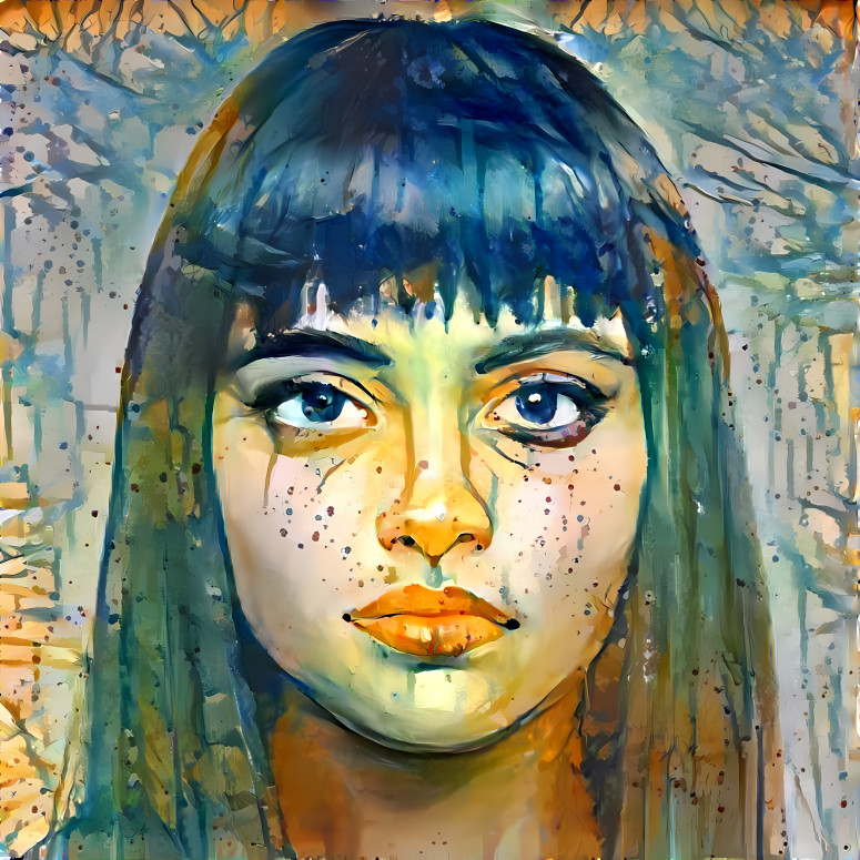 model, black hair, water color