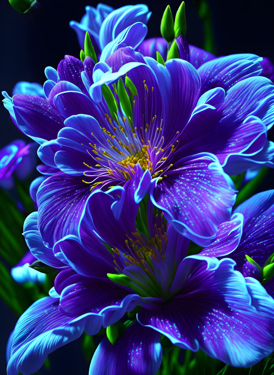 Luminous Blue and Purple Flowers in Digital Art