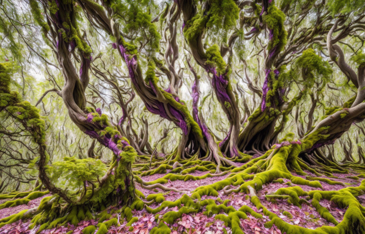 Moss-covered trees in a mystical forest setting