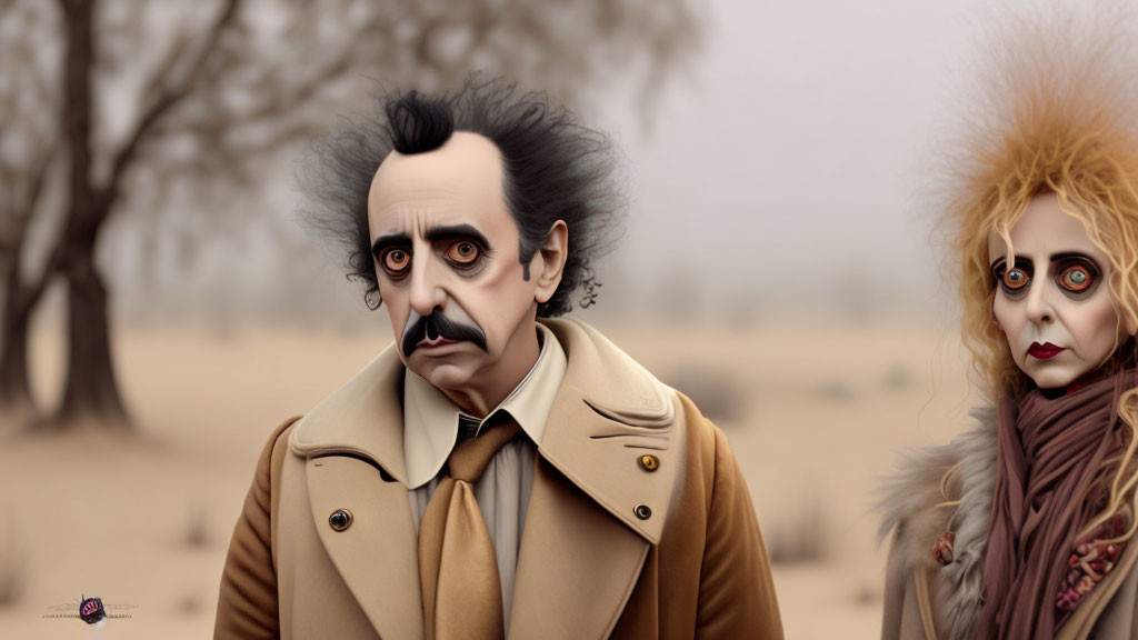 Stylized characters with Tim Burton-esque features in barren landscape