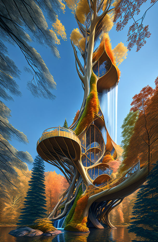 Multi-level treehouse in autumn forest with waterfall and vibrant foliage